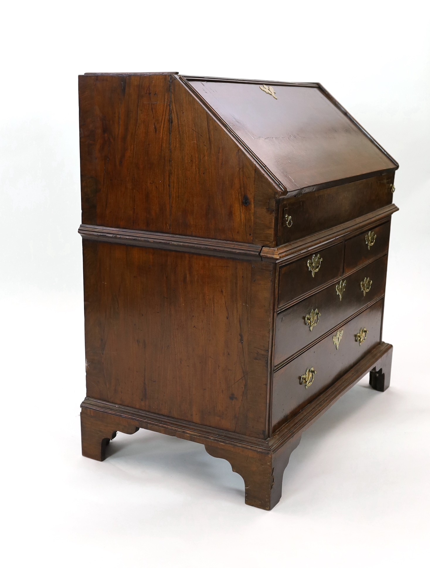 An early 18th century burr walnut bureau, W.105cm D.61cm H.108cm